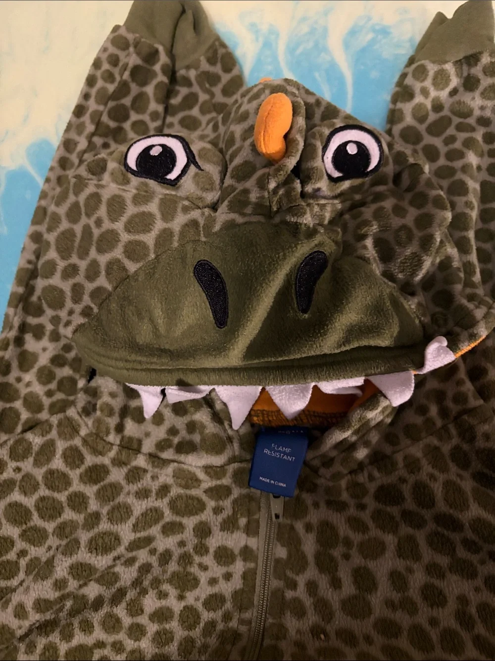 Kids Olive Green Dinosaur Hooded Onesie - Medium